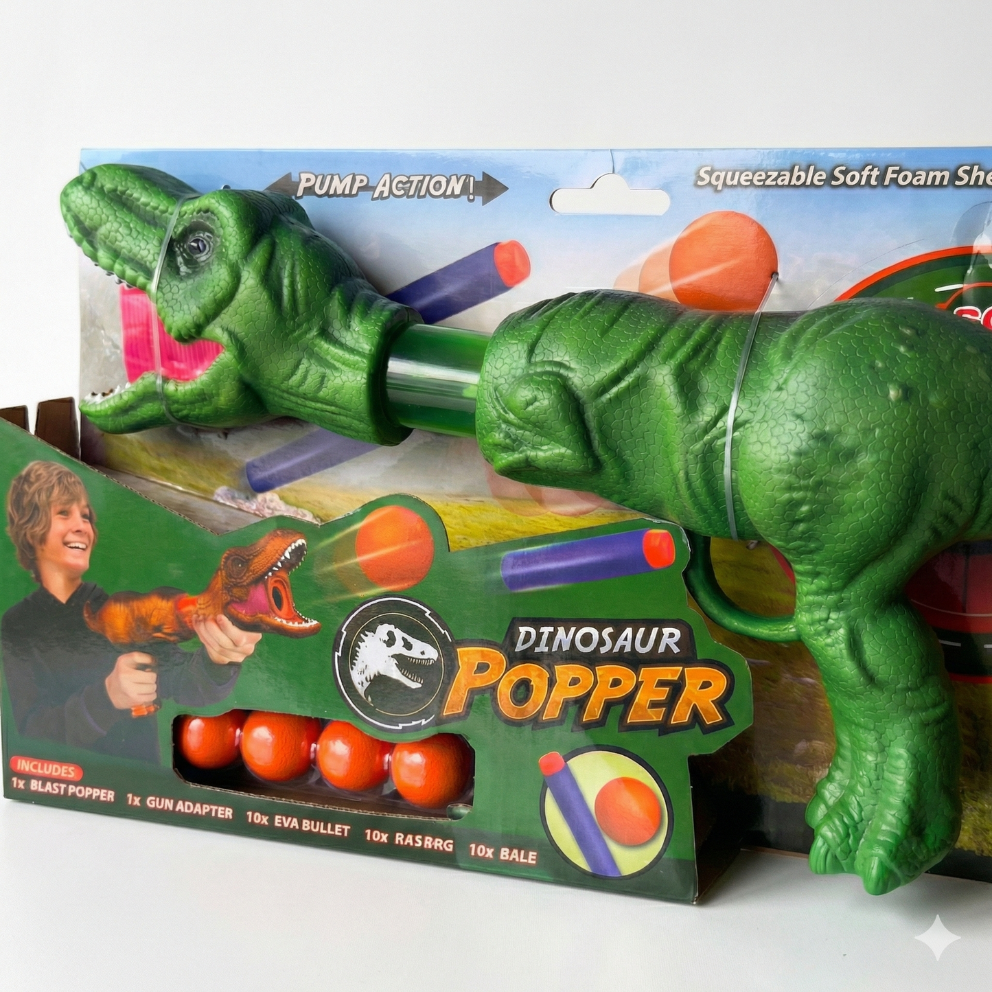 Lanzador de Pelotas de Espuma Dinosaur Popper Green - Juguete de Acción Dino Planet